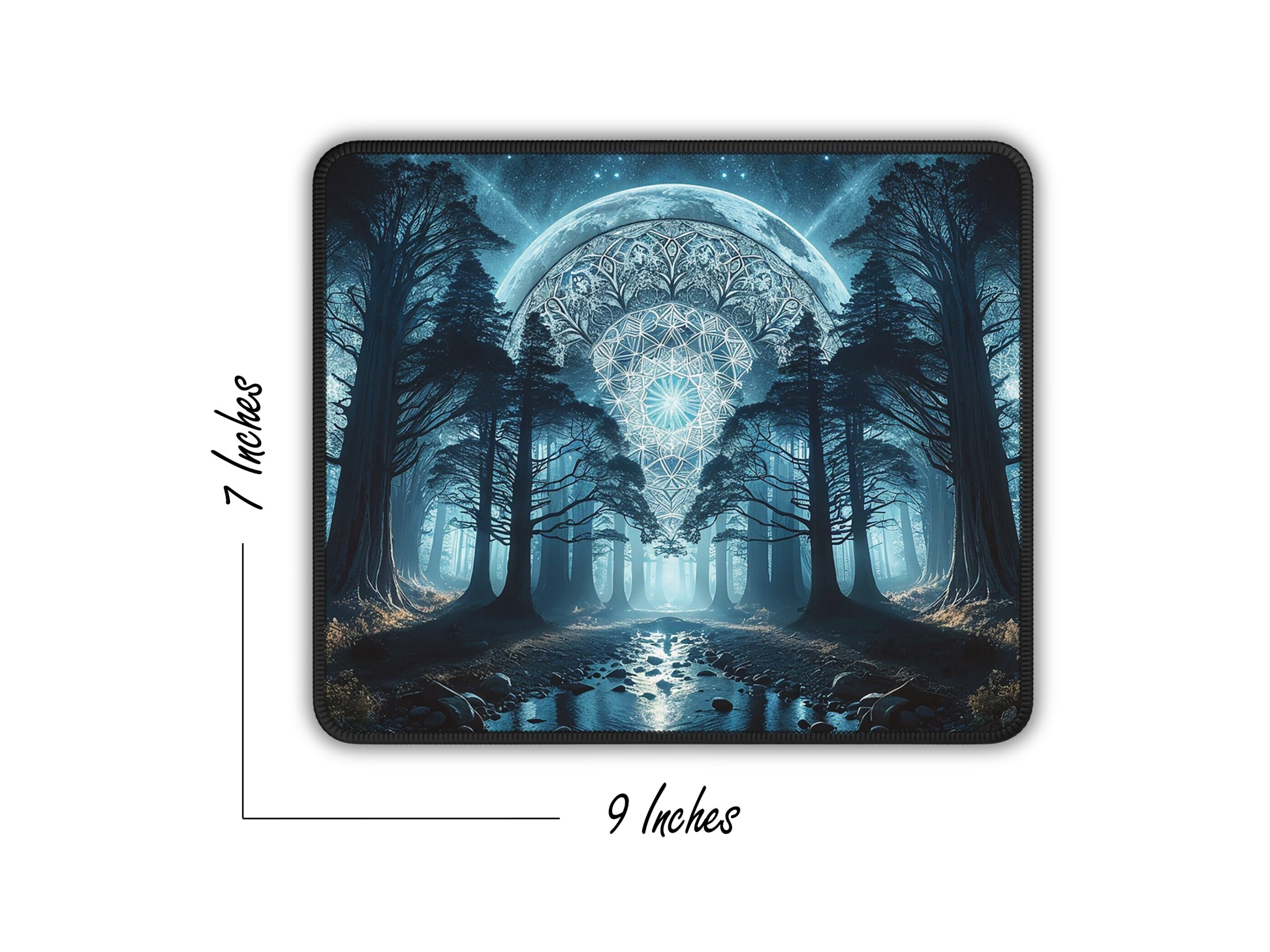 Mouse pad showcasing a moonlit forest scene with a size indicator; 7x9 inches dimension visible on the side.