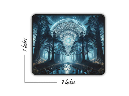 Mouse pad showcasing a moonlit forest scene with a size indicator; 7x9 inches dimension visible on the side.