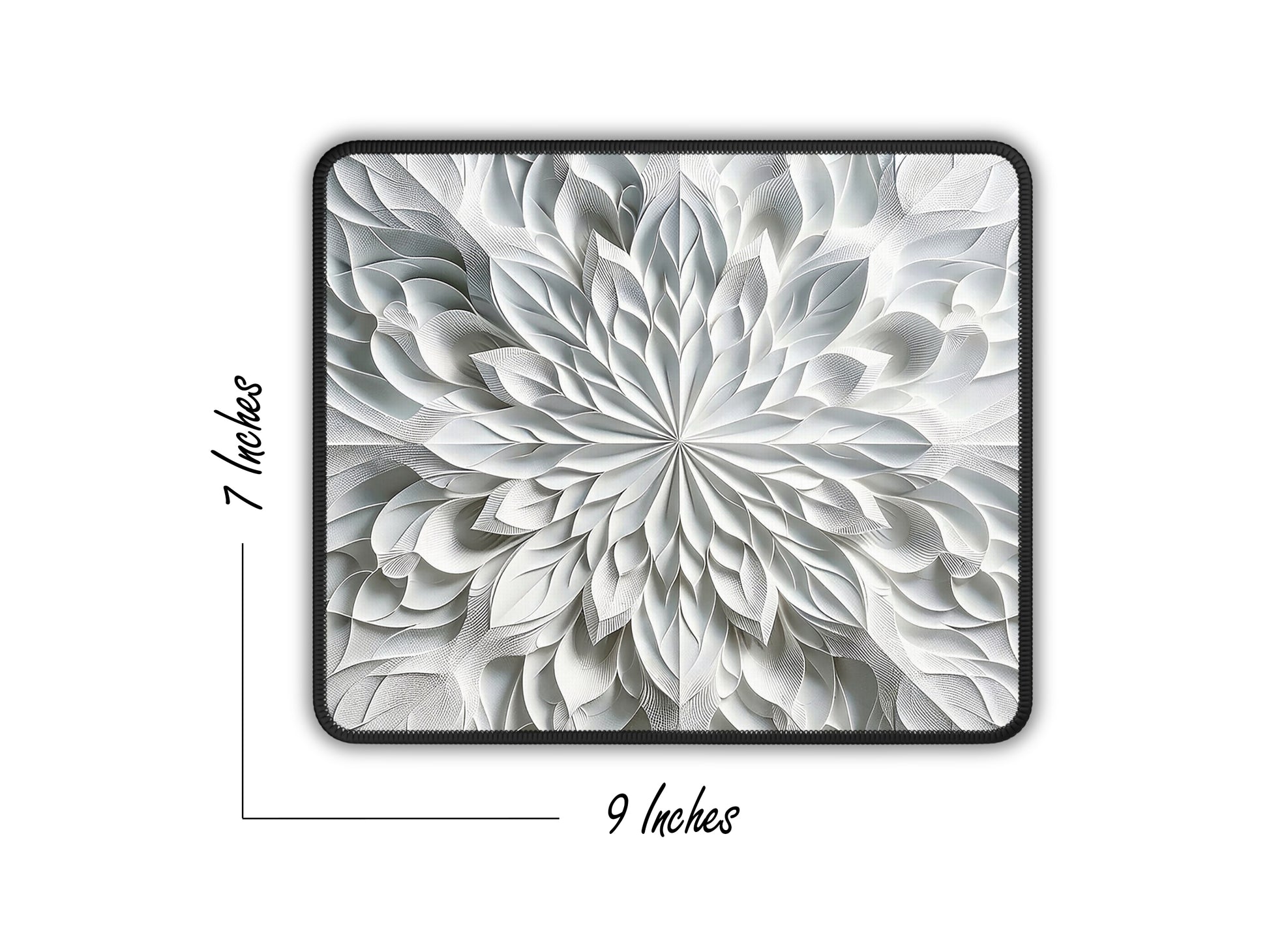 Mouse pad showing dimensions, 9 by 7 inches, with a detailed 3D kaleidoscope pattern in grayscale.