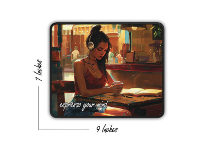 Illustrative desk mat showcasing a woman lost in music at a café, dimensions marked as 9 by 7 inches for desktop organization.