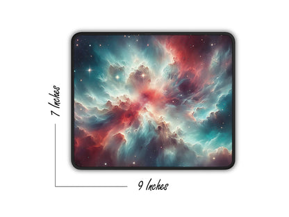 Mouse pad with a high-definition print of the Orion Nebulas cosmic clouds, dimensions noted as 9 by 7 inches