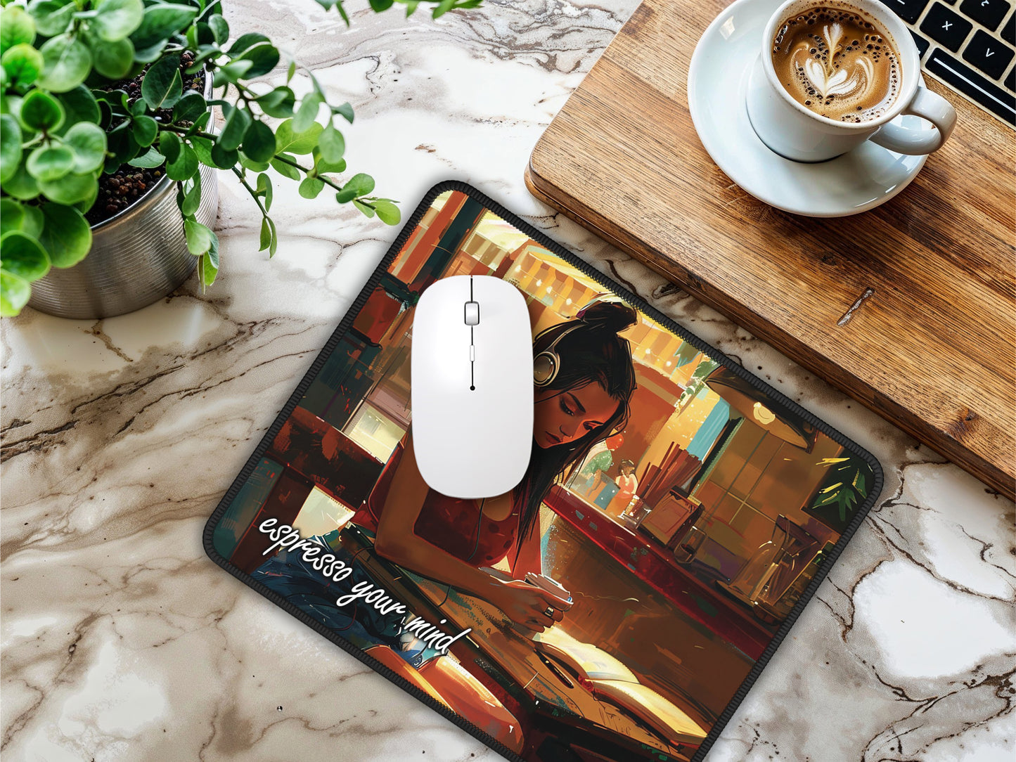 Stylish workspace with artisan cafe-themed mouse pad, complemented by a fresh cup of coffee and office accessories.