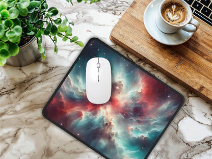 Artisan mouse pad boasting the Orion Nebulas vibrant cosmic pattern, on a marble surface next to a coffee cup for a sophisticated look