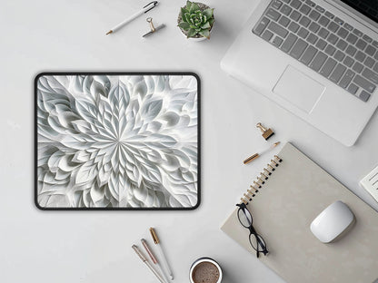 Elegant gaming mouse pad with a 3D kaleidoscope design, next to office supplies on a white desk.