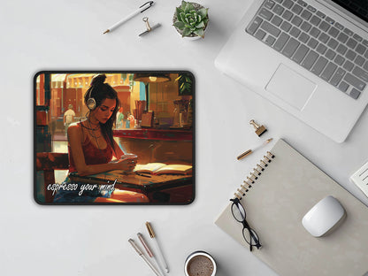 Professional desk set-up featuring a vibrant cafe scene mouse pad, alongside a laptop, notebook, and elegant white mouse.