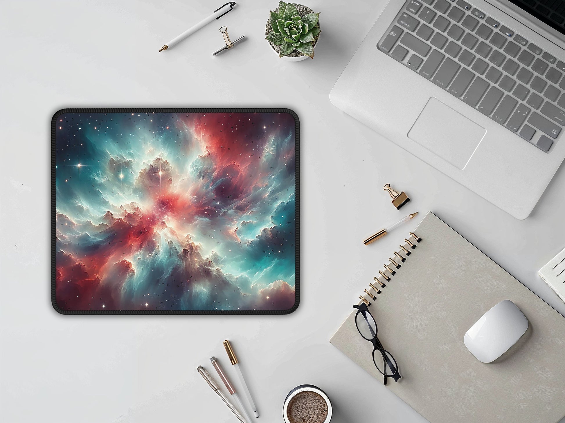 Minimalist office setup enhanced by the cosmic allure of the Orion Nebula mouse pad, next to a modern laptop and stylish stationery