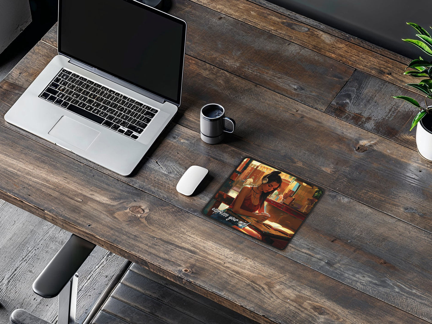 Rustic wooden desk with laptop, coffee mug, and a mouse pad with a vivid image of a woman with headphones in a cafe.