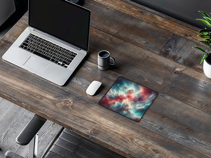 Rustic wooden desk adorned with an Orion Nebula mouse pad, infusing the workspace with the grandeur of the cosmos