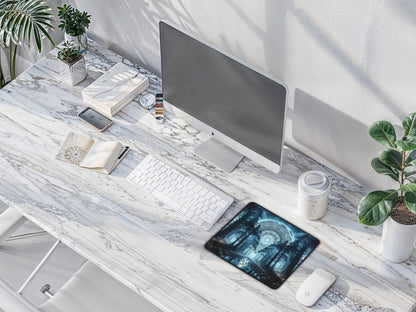 Bright office space with a moonlit forest mouse pad on the desk, complementing the sleek white décor.