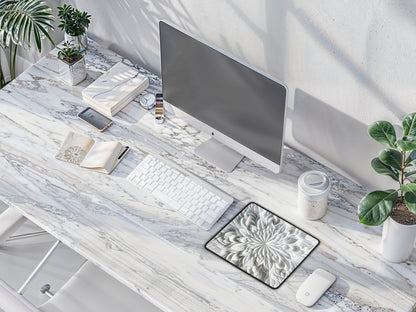 Aerial view of a desk with a mouse pad featuring a grayscale kaleidoscope pattern, beside modern office tools.