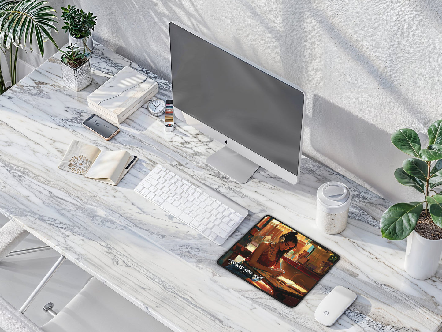 Minimalist office space with white desk, showcasing an artistically designed mouse pad of a woman in a cafe with headphones.