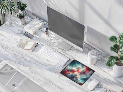 A chic workspace with a mouse pad featuring the Orion Nebula, pairing with a marble desk and sleek office accessories