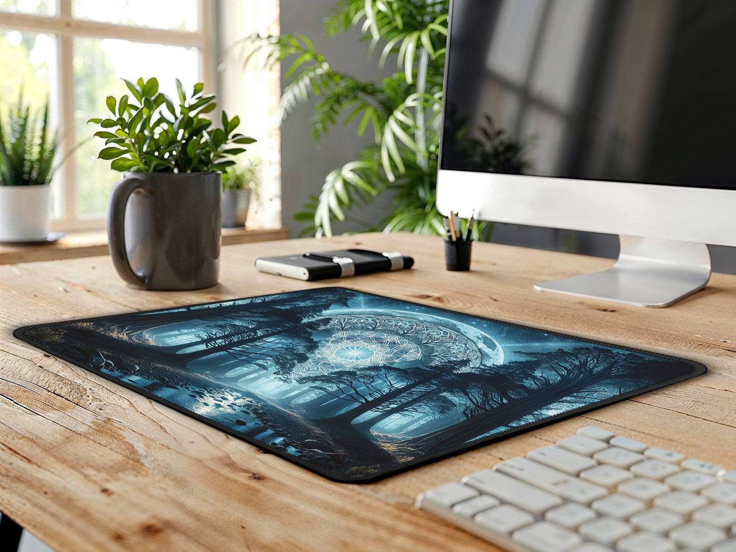 Elegant moonlit forest mouse pad displayed on a wood-finished desk, offering a serene workspace ambiance.