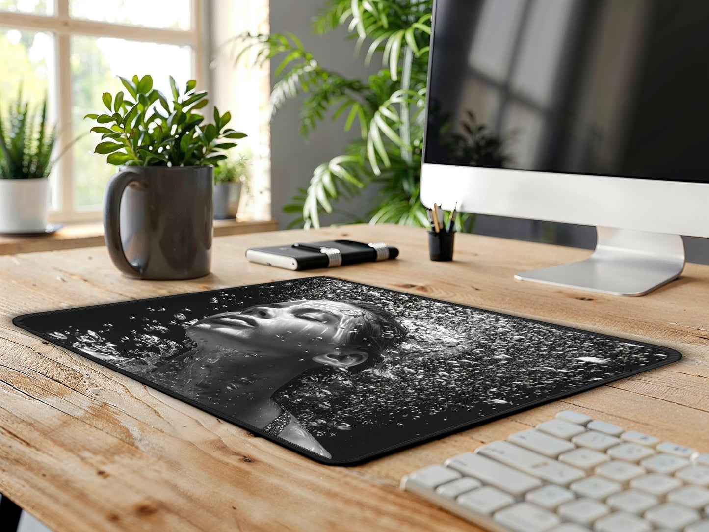 Mouse pad on a rustic wood surface near a potted plant and office supplies, with a detailed image of water and light around a female face.