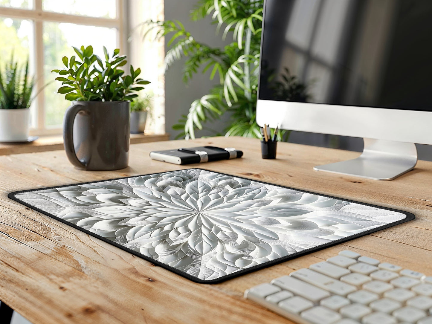 Contemporary workspace with a 3D kaleidoscope design mouse pad on a wooden desk, enhancing the office decor.