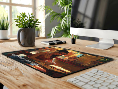 Cozy home office setup with a large window, featuring a detailed desk mat of a cafe scene as the centerpiece.