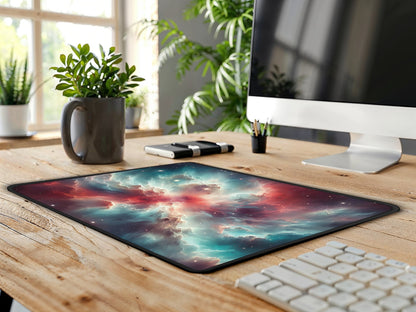 The Orion Nebula mouse pad brings a splash of the cosmos to a contemporary wood-grain desk in a brightly lit room