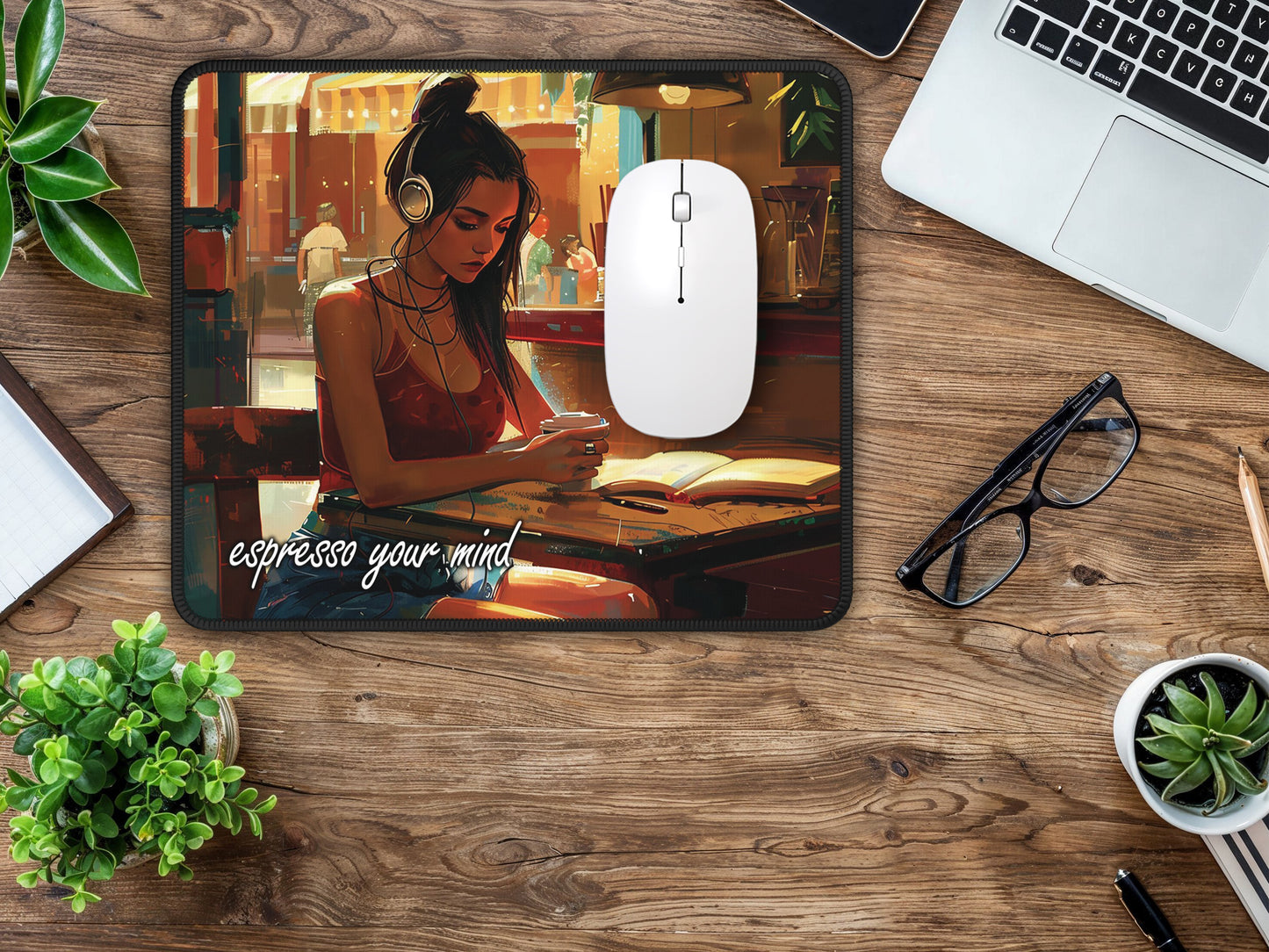 Modern workspace highlighted by an artisan desk mat with a woman in a cafe, alongside sleek office supplies.