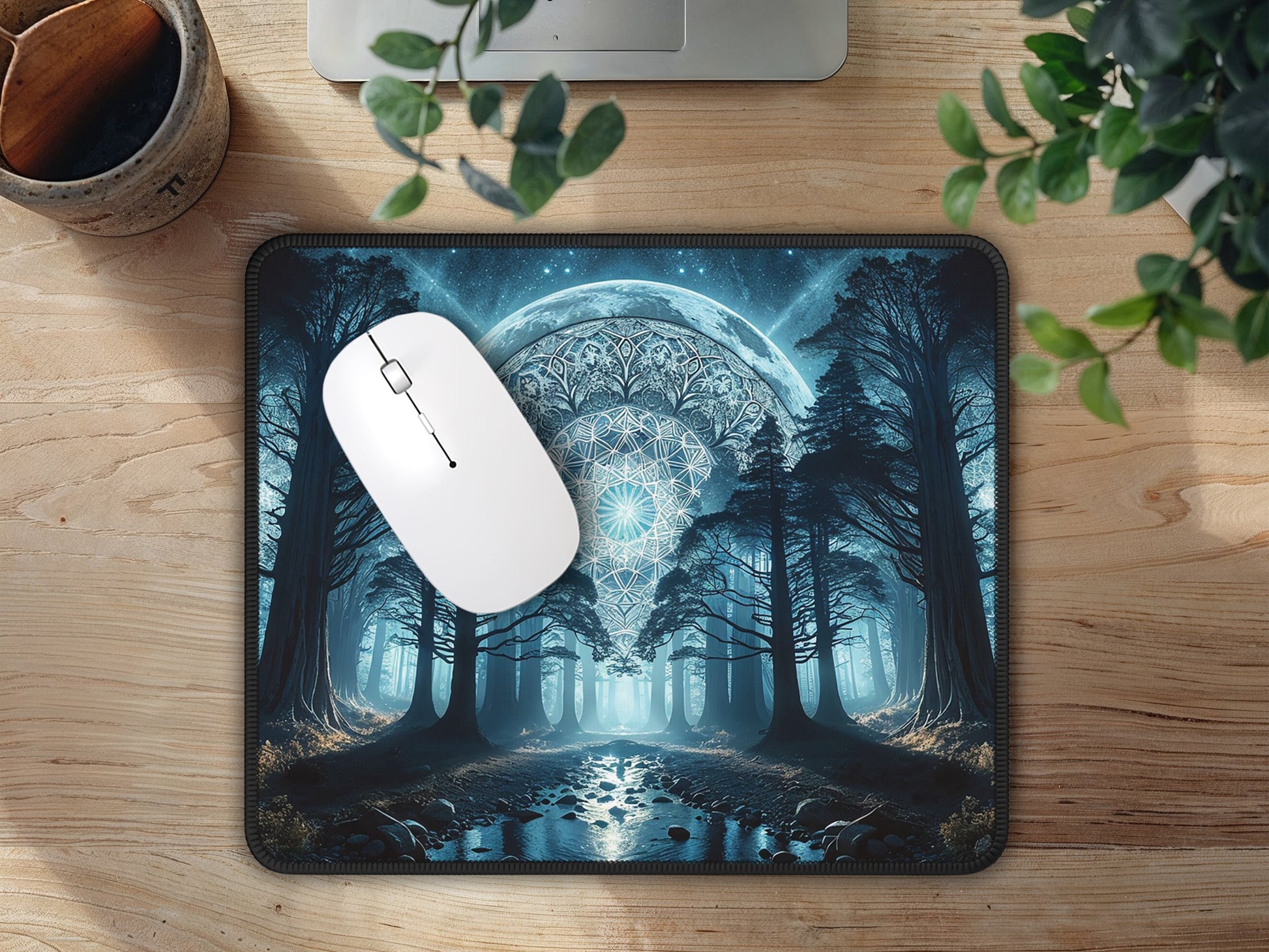 Top-down view of a moonlit forest mouse pad on a wooden desk, next to a white mouse and green potted plant.