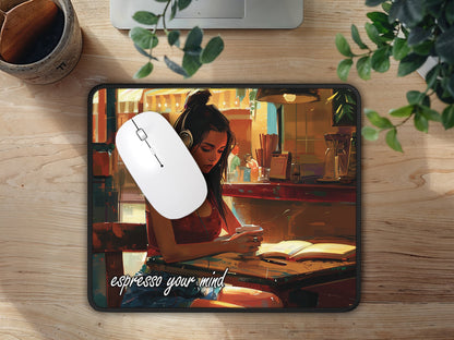 Warm and inviting home office corner with a wooden desk, complemented by a colorful mouse pad depicting a cafe setting.