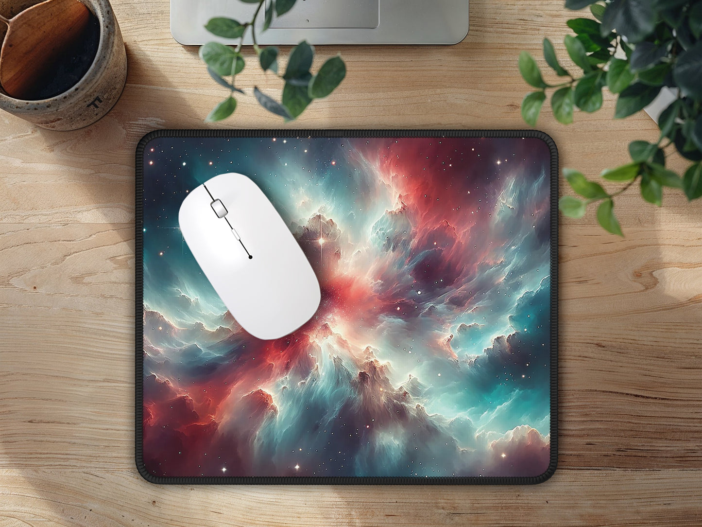 The mesmerizing patterns of the Orion Nebula captured on a mouse pad, creating a cosmic conversation piece on a wooden office desk