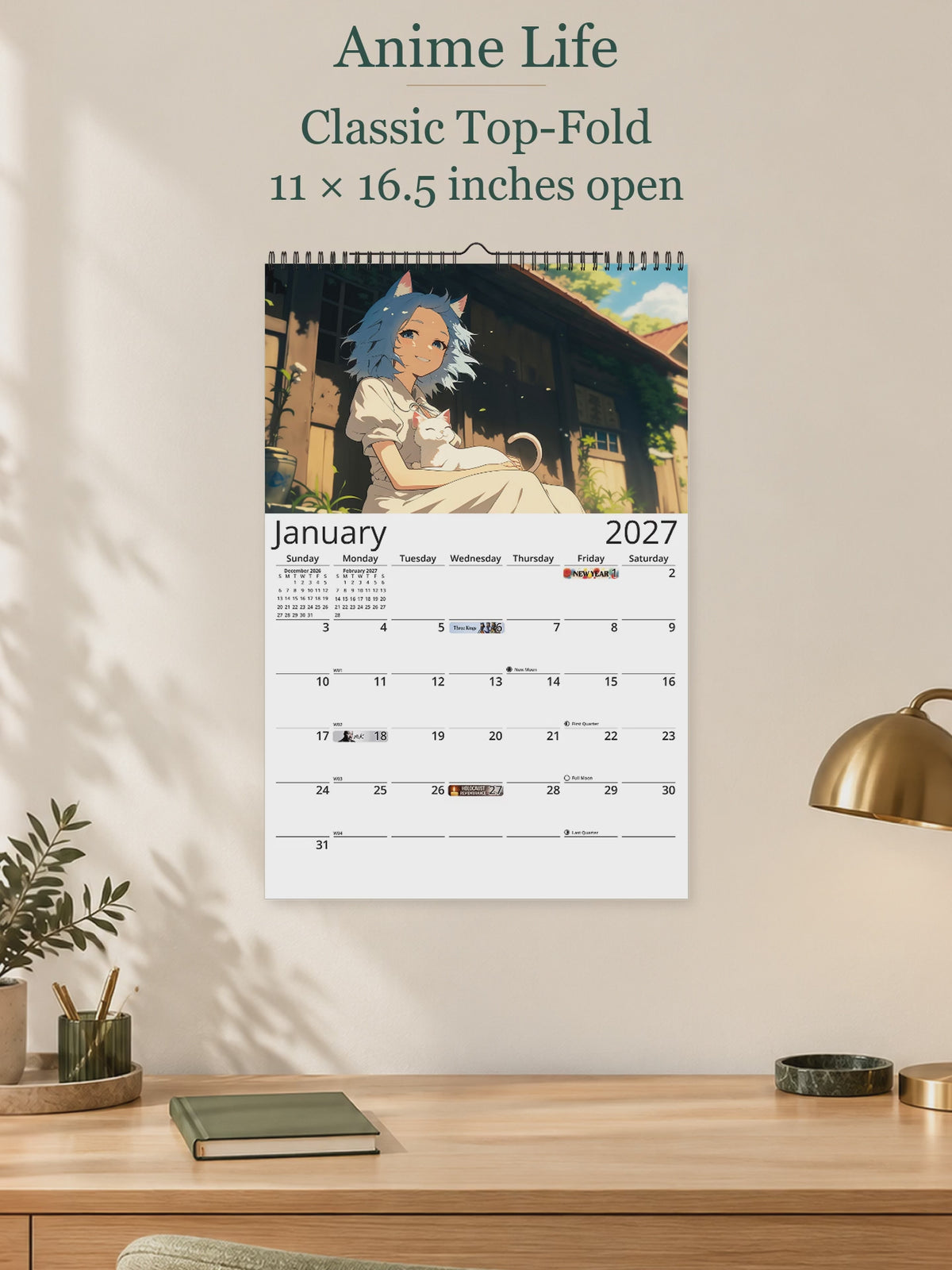 Anime Life 2027 wall calendar — size and layout overview