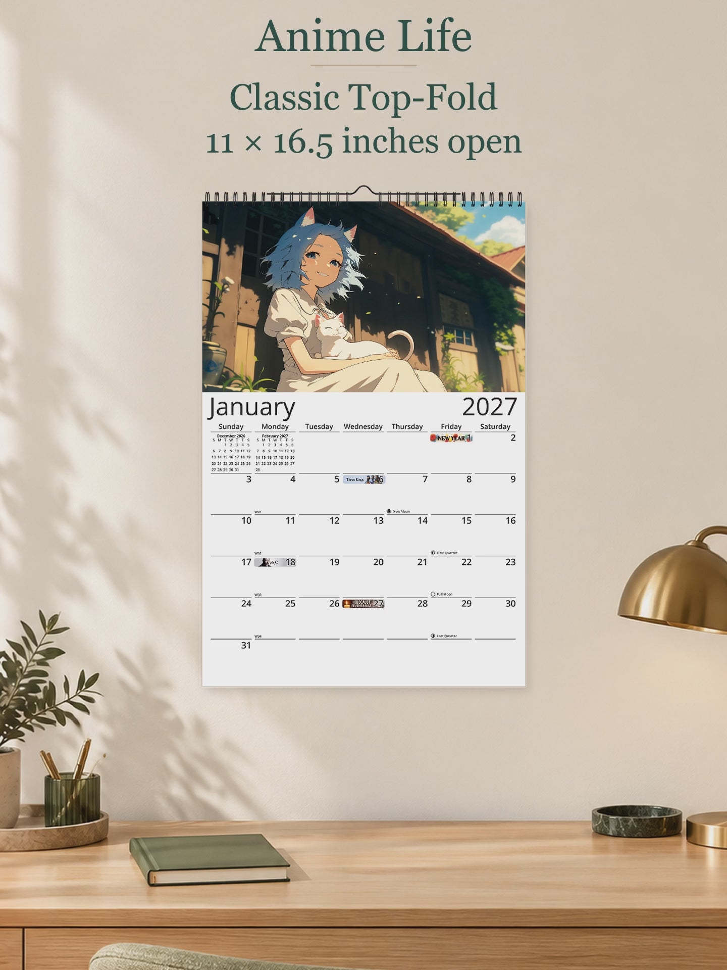 Anime Life 2027 wall calendar — size and layout overview