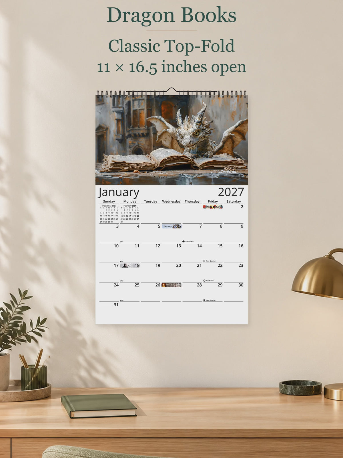 Dragon Books 2027 wall calendar — size and layout overview