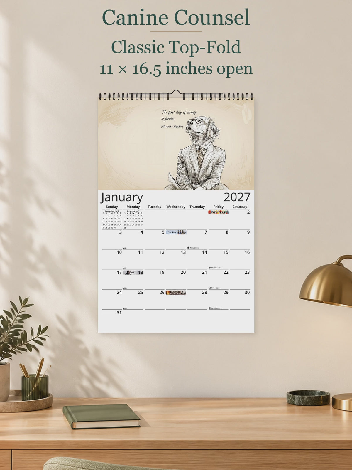 Canine Counsel 2027 wall calendar — size and layout overview