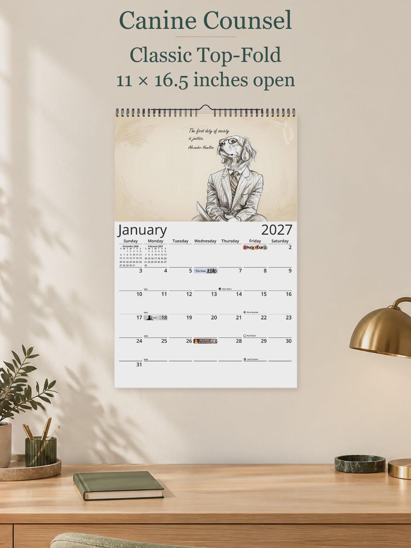Canine Counsel 2027 wall calendar — size and layout overview
