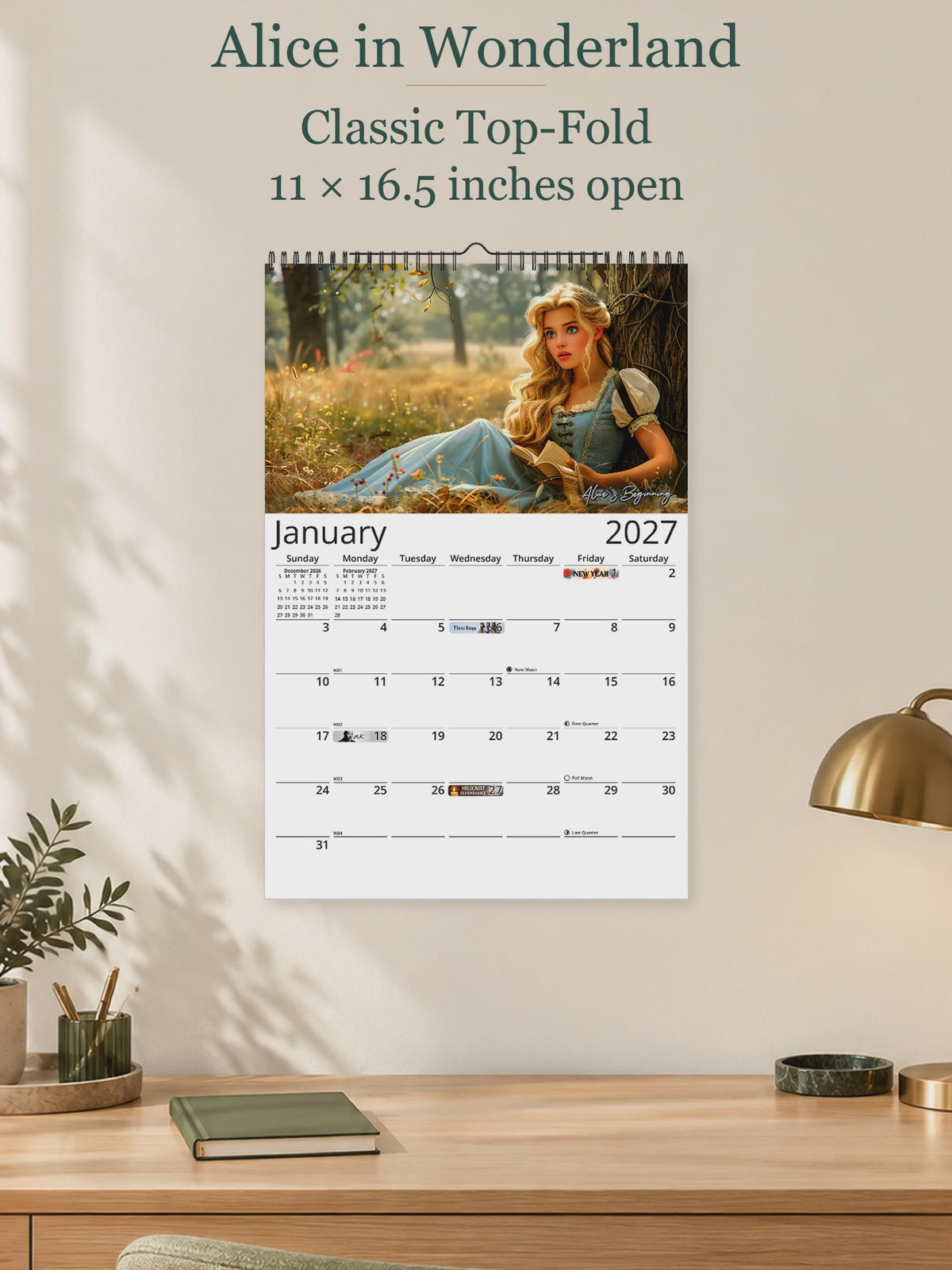 Alice in Wonderland 2027 wall calendar � size and layout overview