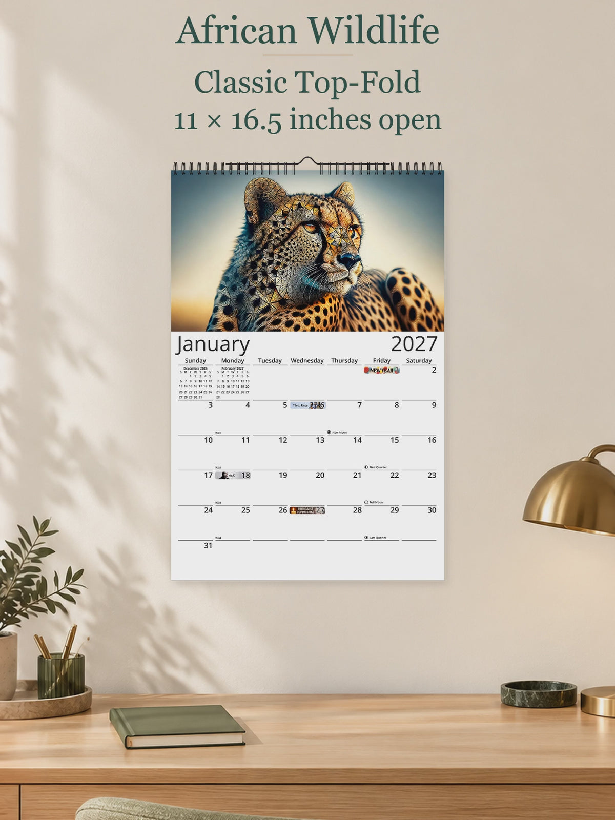 African Wildlife 2027 wall calendar — size and layout overview