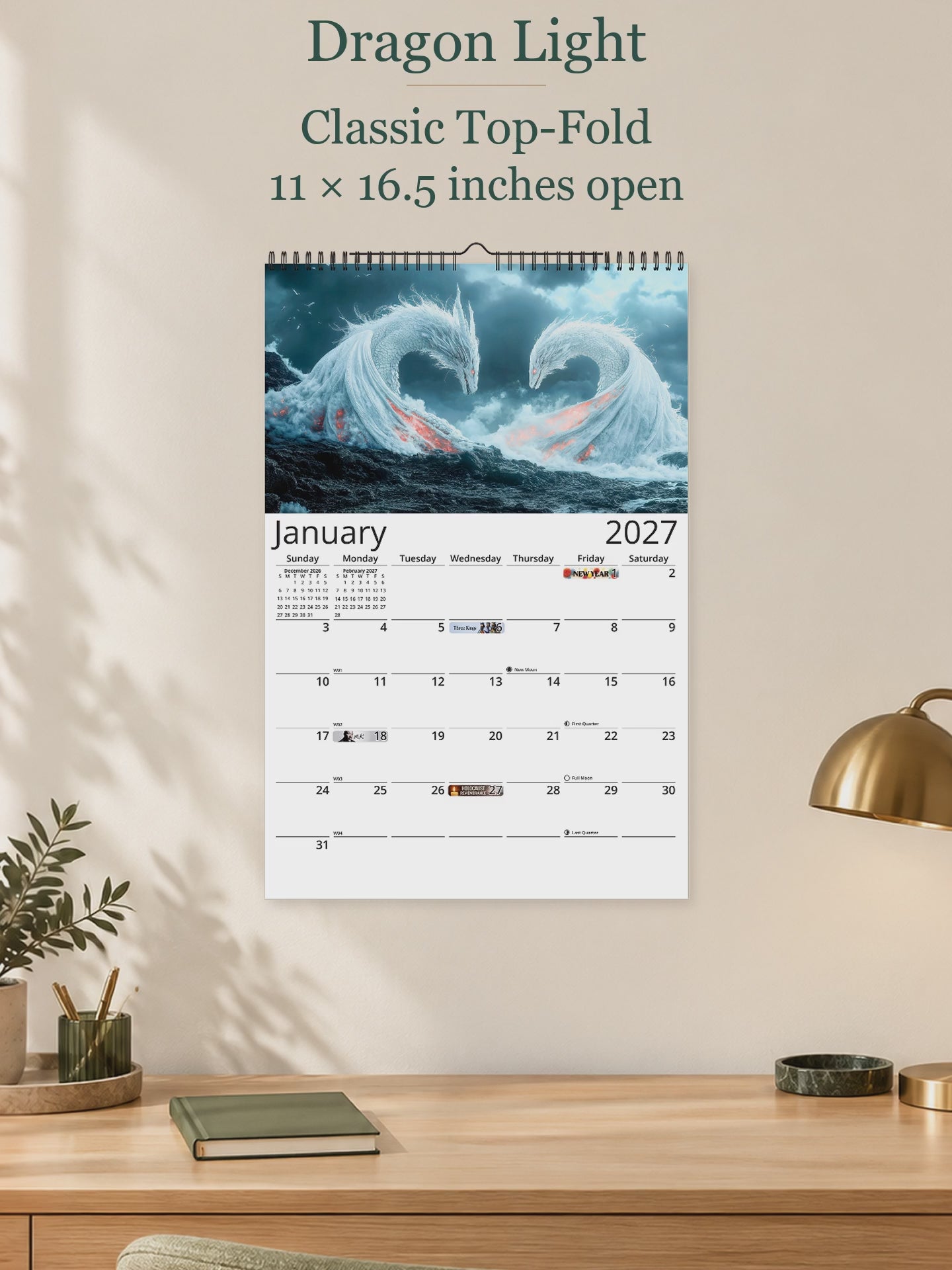 Dragon Light 2027 wall calendar — size and layout overview