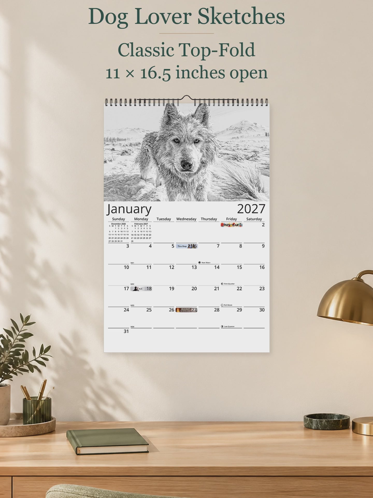 Dog Lover Sketches 2027 wall calendar — size and layout overview