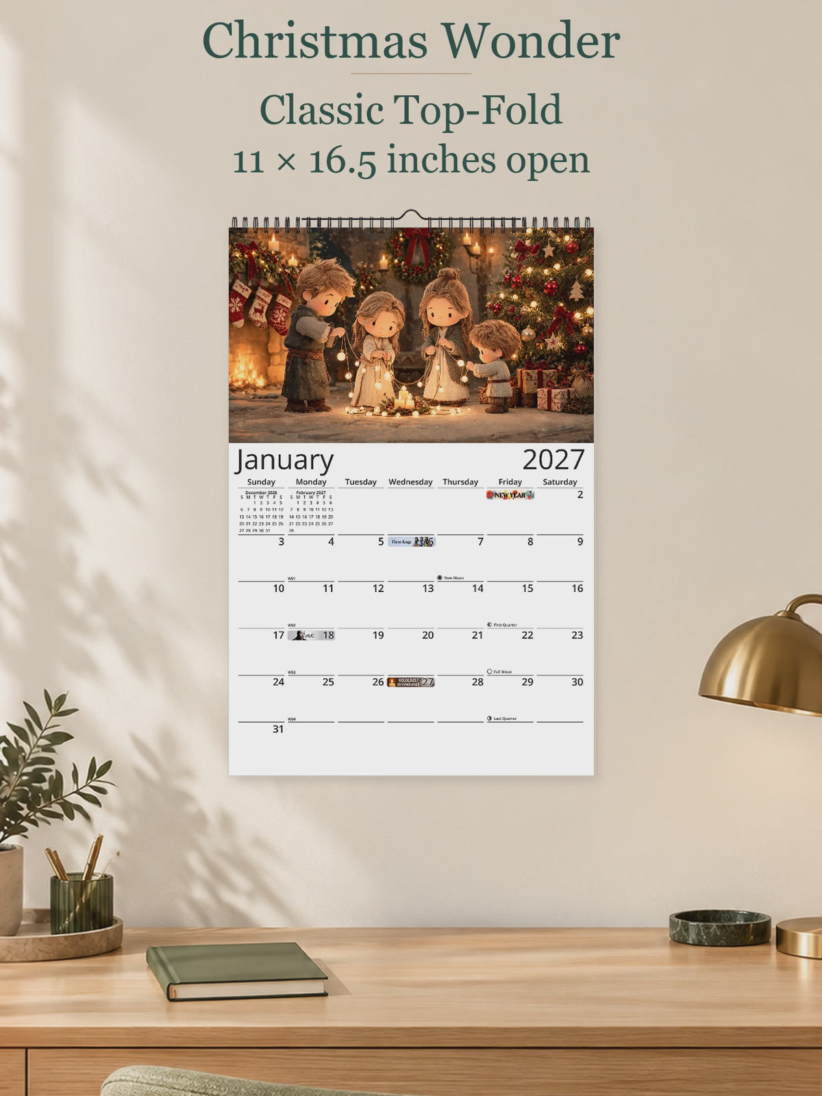 Christmas Wonder 2027 calendar overview showing authentic monthly artwork and Classic, Modern, and Notes layouts