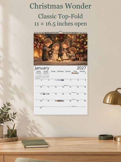 Christmas Wonder 2027 calendar overview showing authentic monthly artwork and Classic, Modern, and Notes layouts