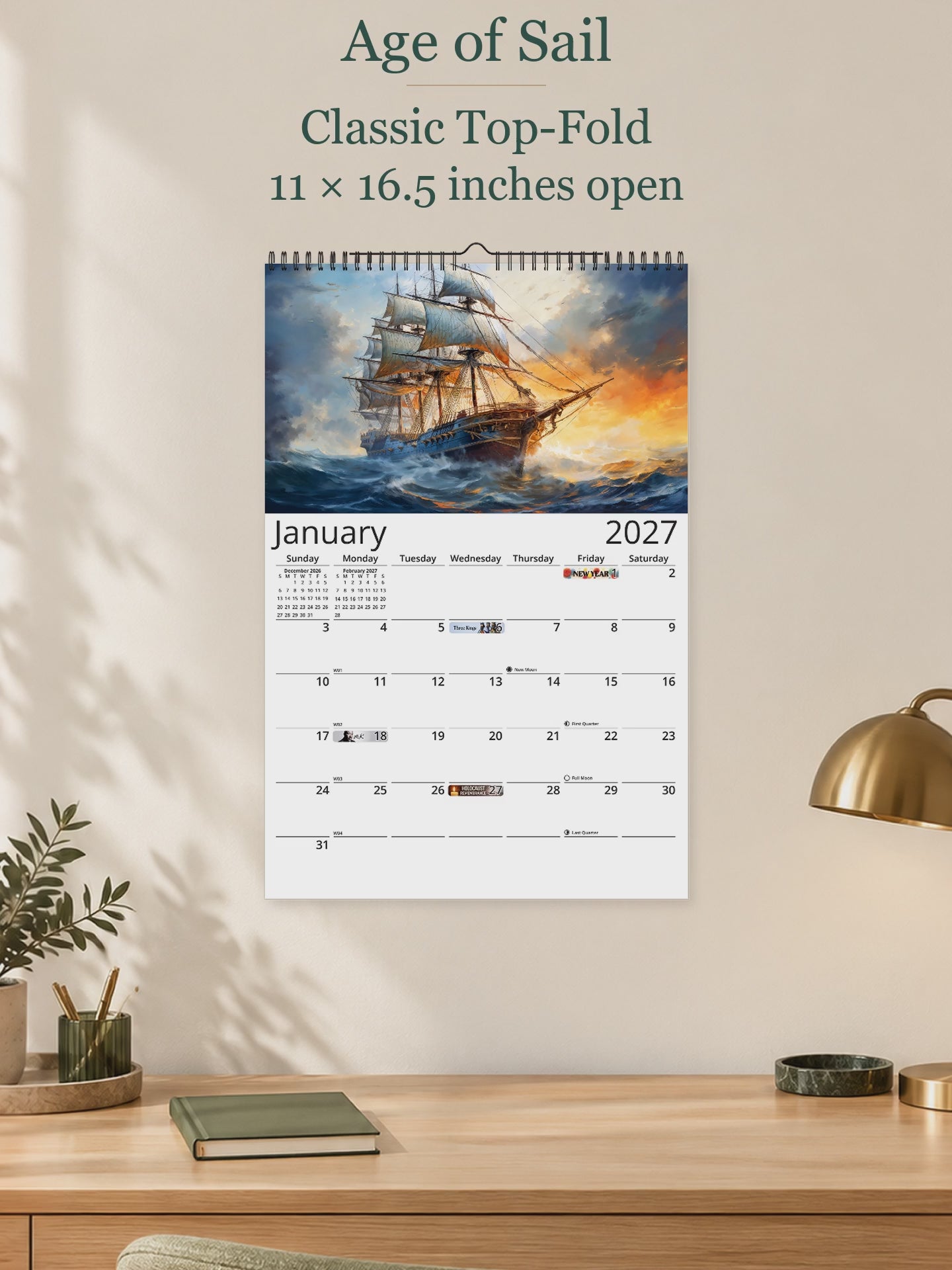 Age of Sail 2027 wall calendar — size and layout overview