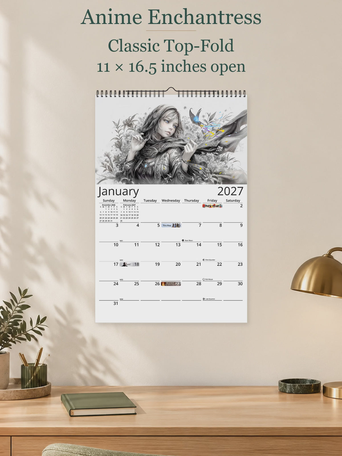 Anime Enchantress 2027 wall calendar — size and layout overview
