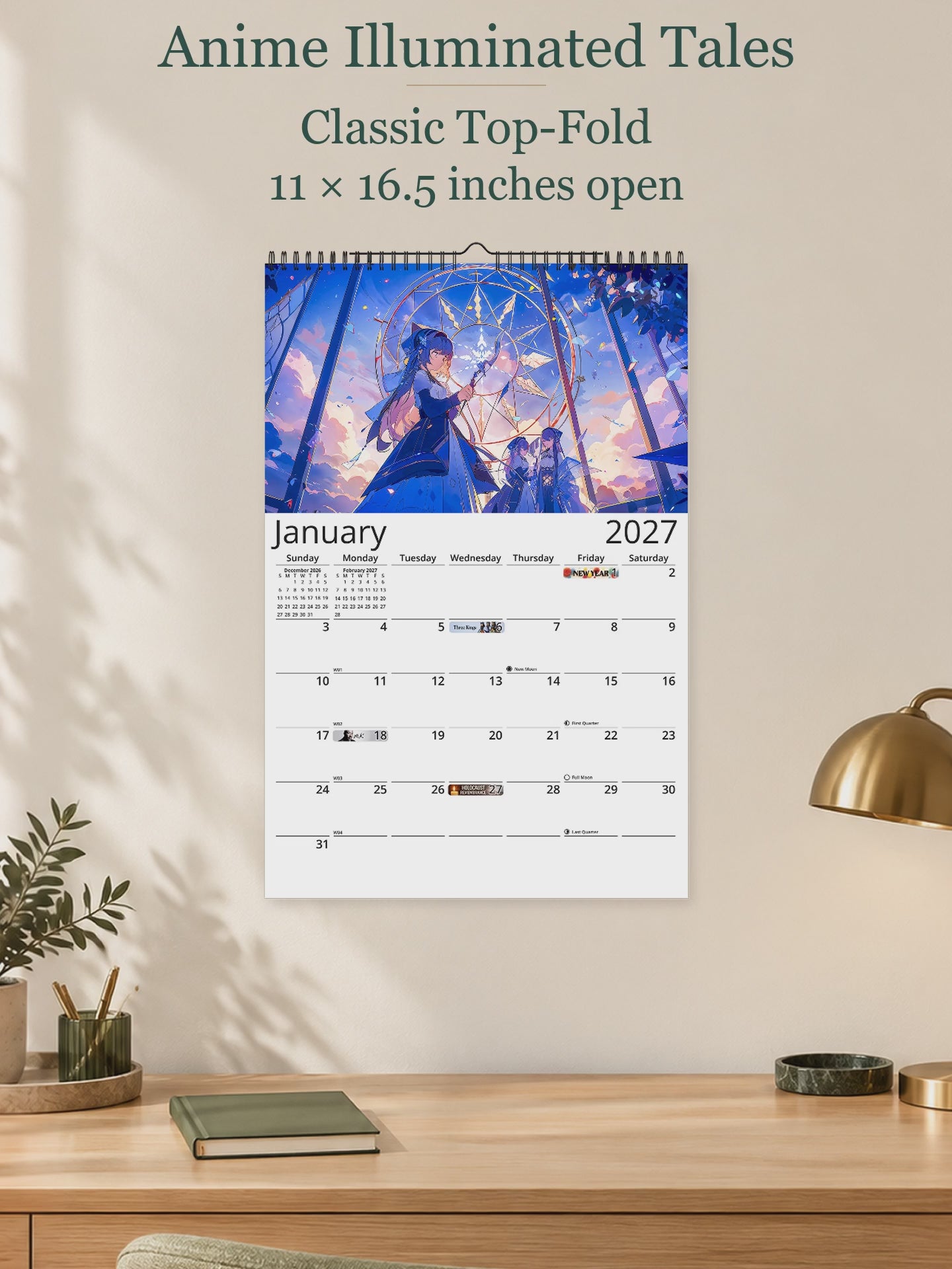 Anime Illuminated Tales 2027 wall calendar — size and layout overview