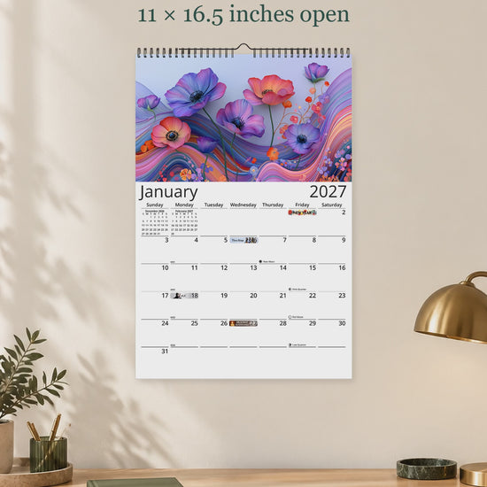 Artistic Flowers 2027 wall calendar — size and layout overview