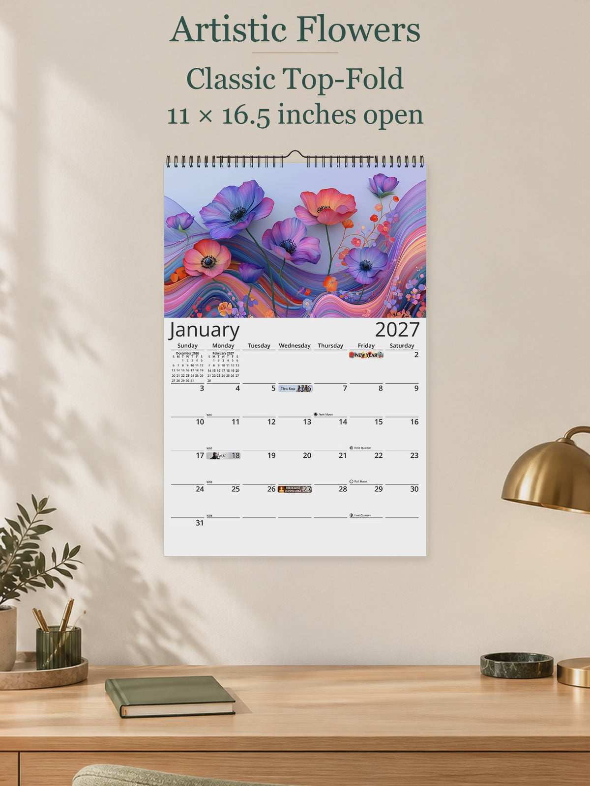 Artistic Flowers 2027 wall calendar — size and layout overview
