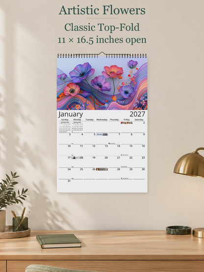Artistic Flowers 2027 wall calendar — size and layout overview