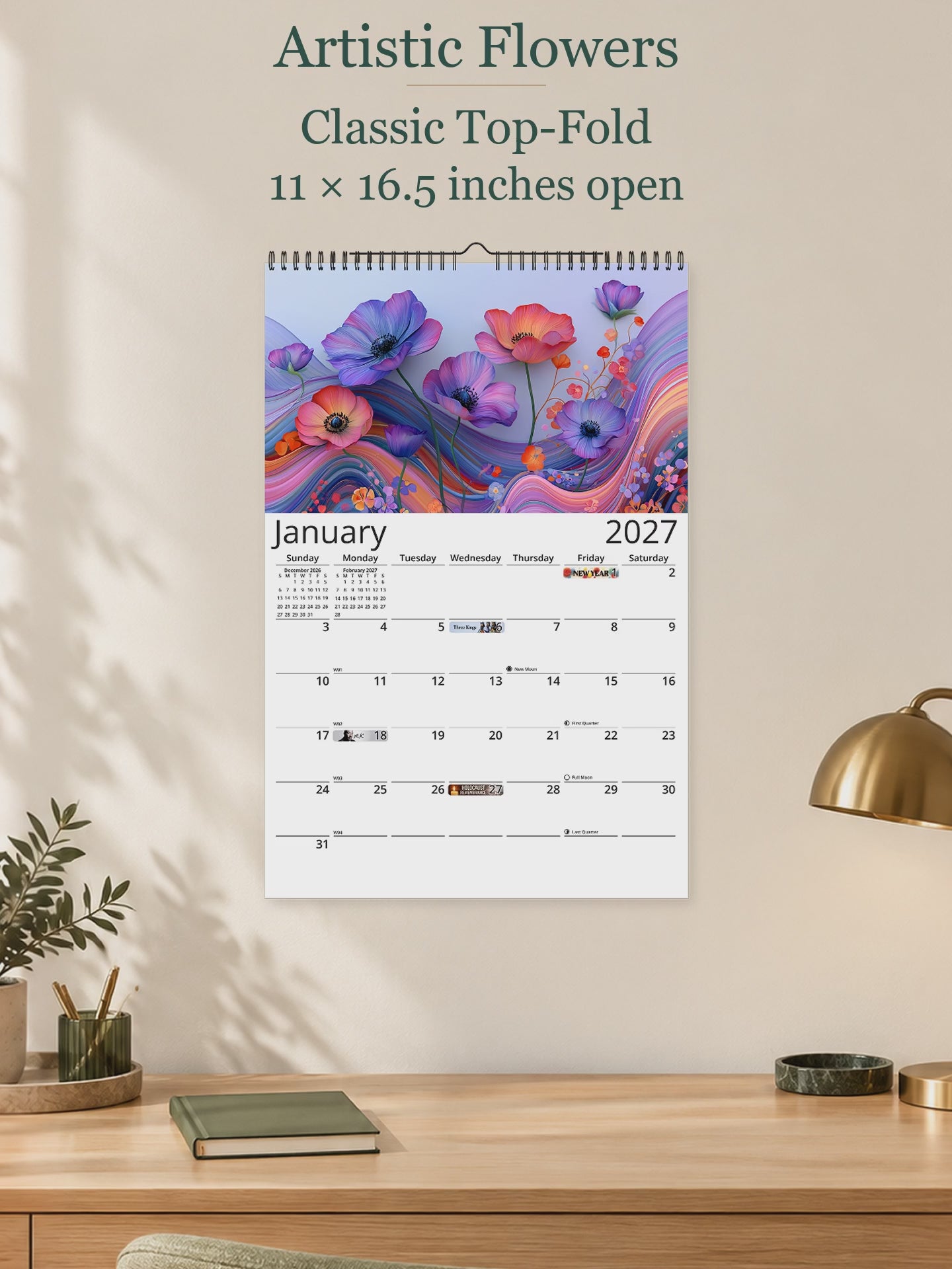 Artistic Flowers 2027 wall calendar — size and layout overview