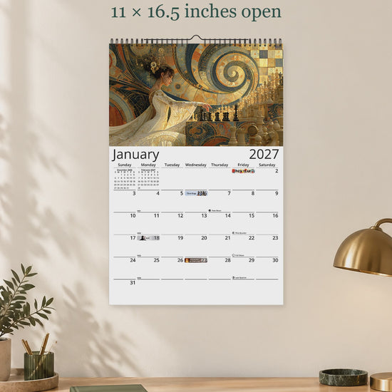 Artistic Chess 2027 calendar overview showing authentic monthly artwork and Classic, Modern, and Notes layouts