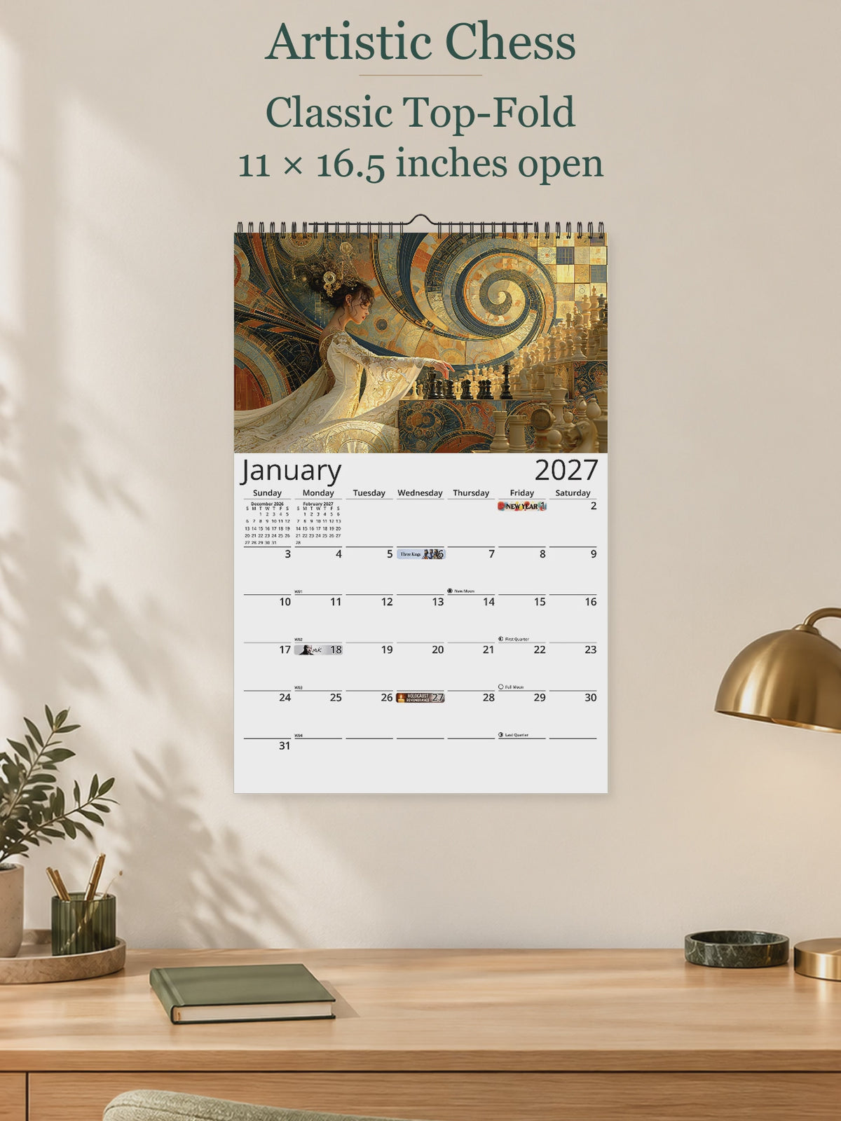 Artistic Chess 2027 calendar overview showing authentic monthly artwork and Classic, Modern, and Notes layouts