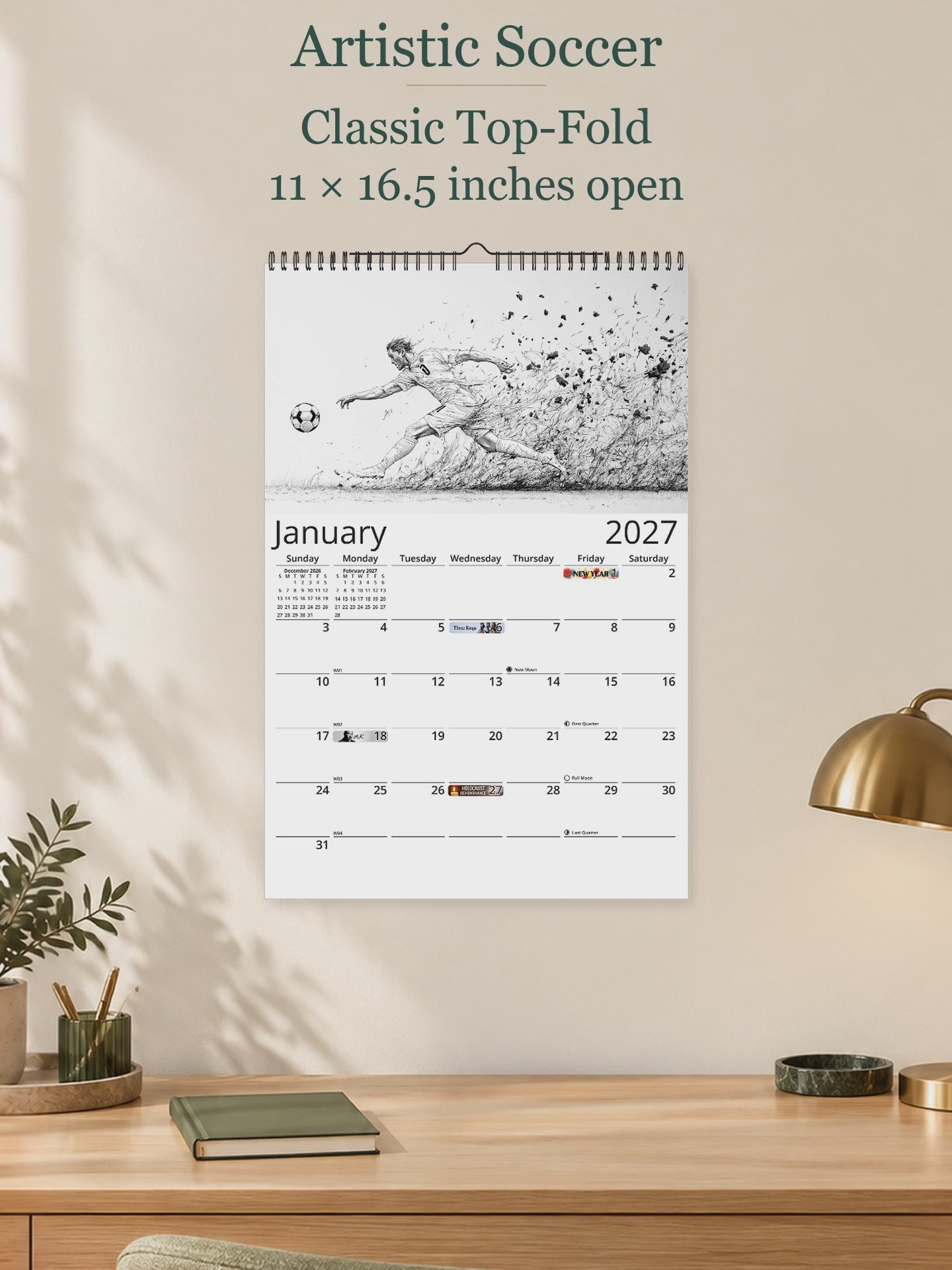 Artistic Soccer 2027 wall calendar — size and layout overview