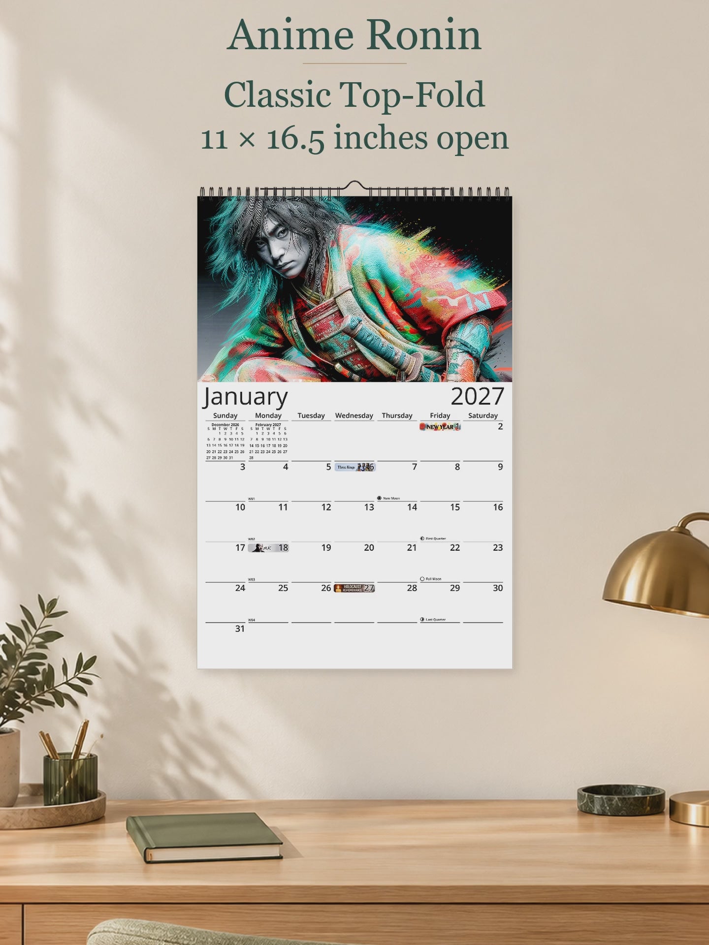 Anime Ronin 2027 wall calendar — size and layout overview