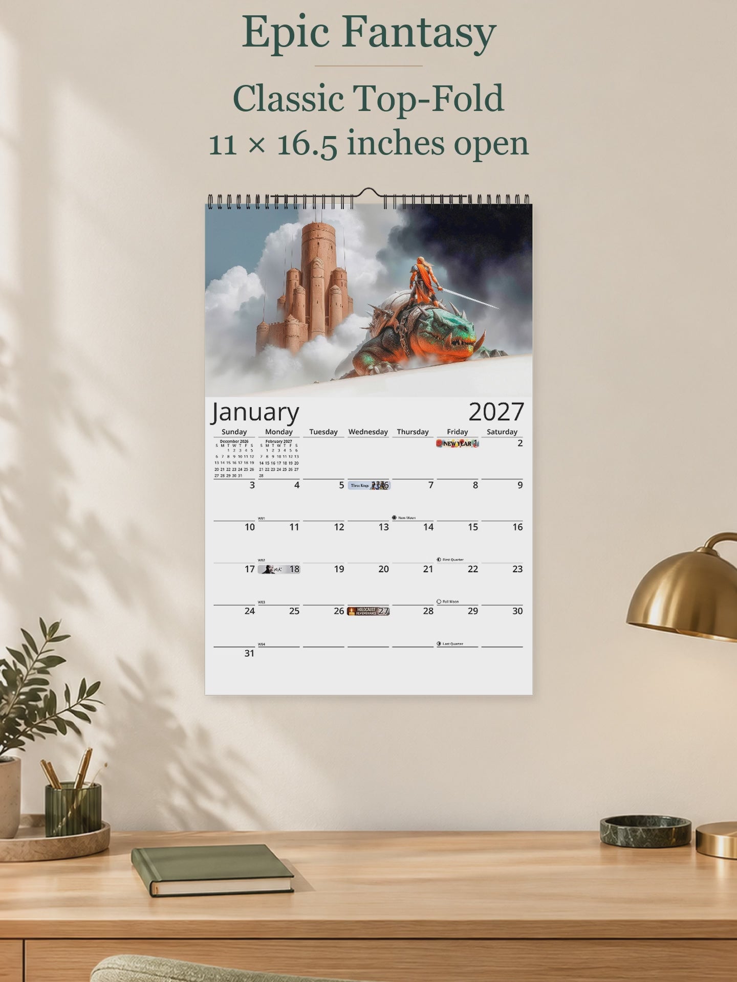 Epic Fantasy 2027 wall calendar — size and layout overview