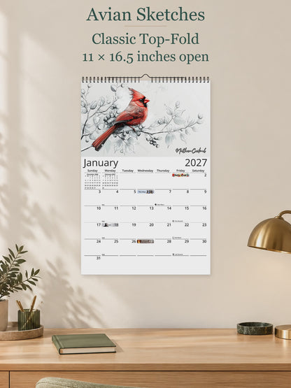 Avian Sketches 2027 wall calendar — size and layout overview