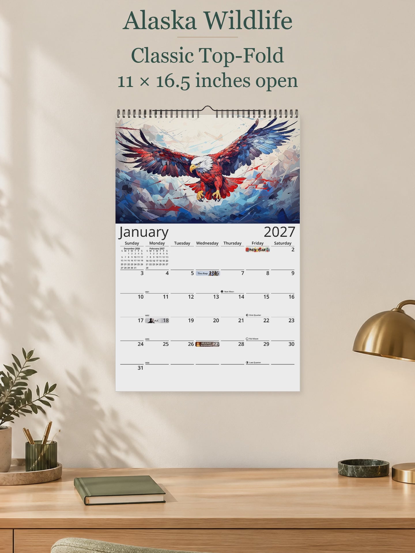 Alaska Wildlife 2027 wall calendar — size and layout overview